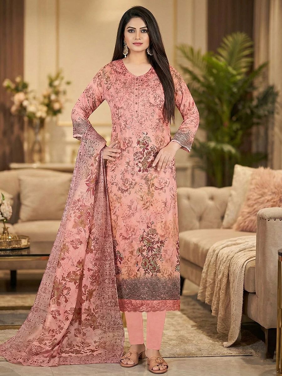 Aganur- orange Peach Digital Floral & Embroidered 3-Piece Suit - Image 1