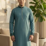 Men's Premium Dark Sky Blue China Jafran Panjabi