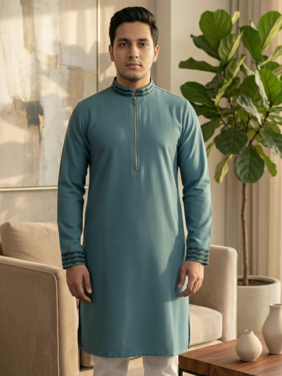 Chaina Jafran Dark Sky Panjabi Men's Premium Dark Sky Blue China Jafran Panjabi - Image 1