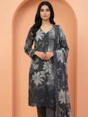 Eid Special/Sophisticated Midnight Charcoal Floral Laser Boutique Special Cotton 3-Piece Suite