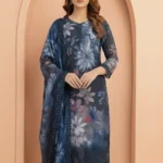 Elegant Twilight Blue Floral Laser Boutique Special Cotton 3-Piece Suite