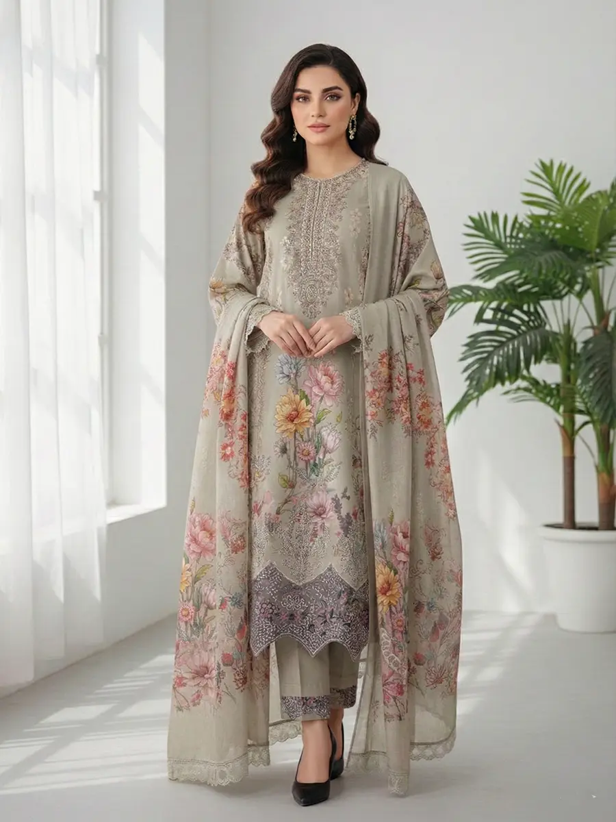 Coco olives Elegant Sage Green Floral Laser Boutique Special Cotton 3-Piece Suite - Image 1