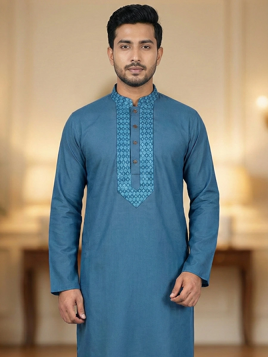 Cotton Dark green Men's Premium Stitched Teal Blue Cotton Panjabi - Image 1