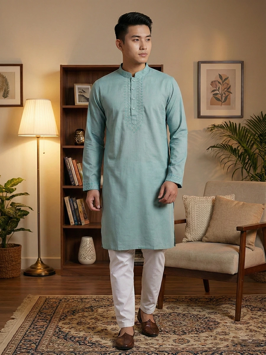 Cotton pest panjabi Men's Premium Stitched Seafoam Green Cotton Panjabi - Image 1