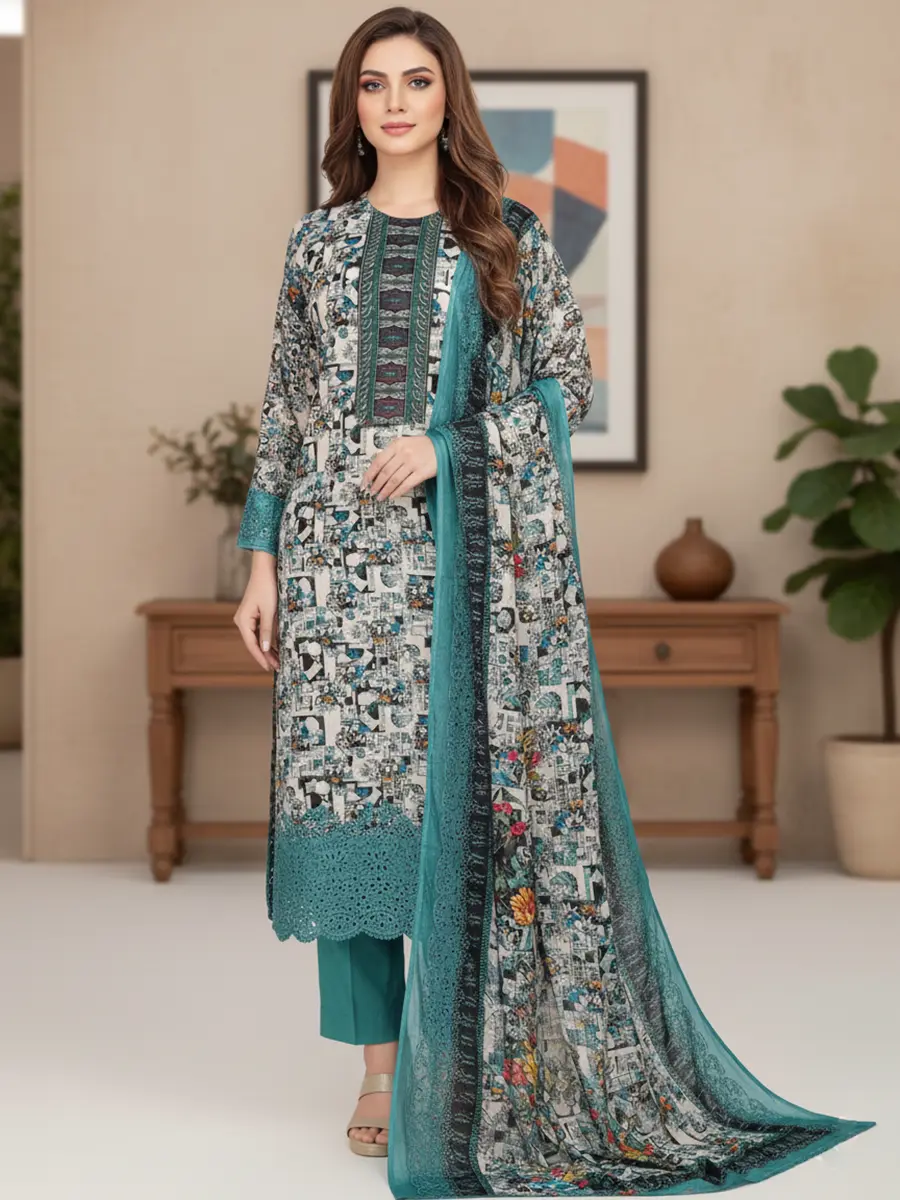 Marshal Single Deep Teal Cutwork Embroidered Cotton 3-Piece Suite - Image 1