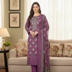 Deep Magenta Cutwork Embroidered Cotton 3-Piece Suite