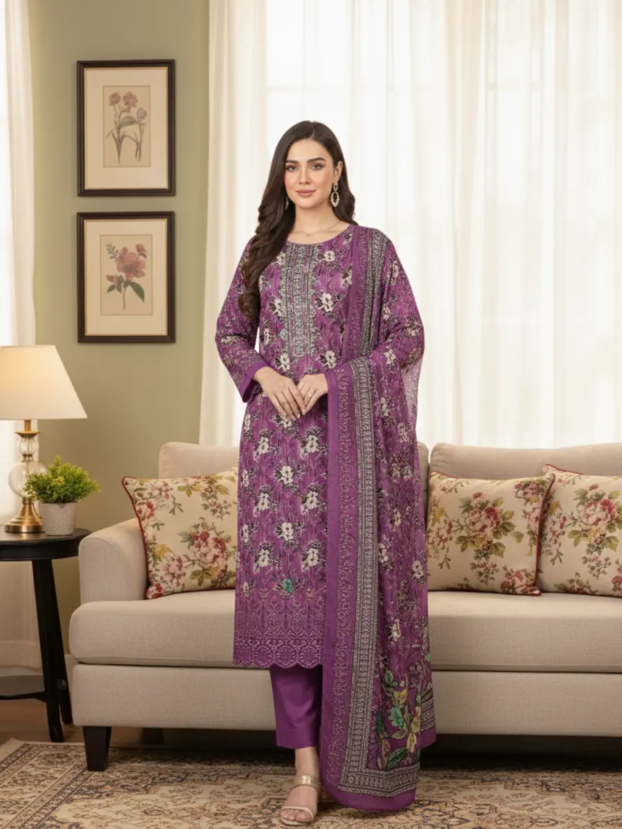 Marshal megenda Deep Magenta Cutwork Embroidered Cotton 3-Piece Suite - Image 1