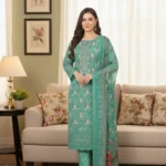 Seafoam Green Cutwork Embroidered Cotton 3-Piece Suite