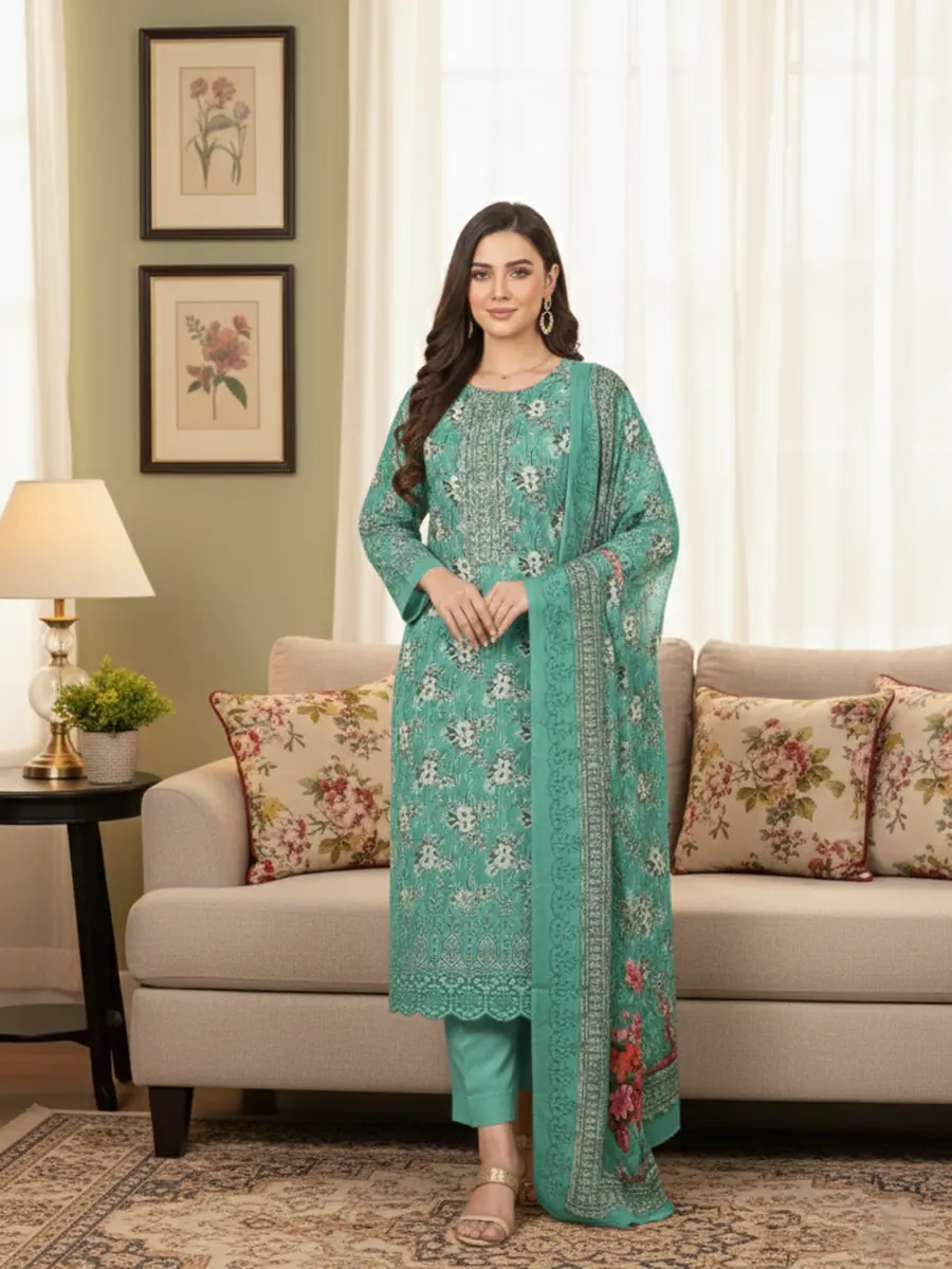 Marshal paste Seafoam Green Cutwork Embroidered Cotton 3-Piece Suite - Image 1