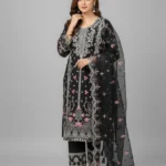 Eid Special/Midnight Noir: Scalloped Onyx Floral Embroidered Ensemble