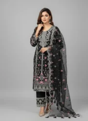 Eid Special/Midnight Noir: Scalloped Onyx Floral Embroidered Ensemble