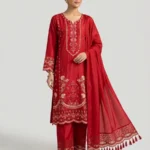 Eid Special/Crimson Radiance: Ornate Ruby Red Embroidered 3-Piece