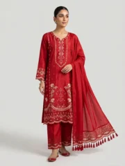 Eid Special/Crimson Radiance: Ornate Ruby Red Embroidered 3-Piece
