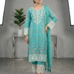 Eid Special/Mint Serenity: Scalloped Seafoam Floral Embroidered Cotton 3-Piece