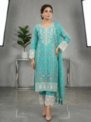 Eid Special/Mint Serenity: Scalloped Seafoam Floral Embroidered Cotton 3-Piece