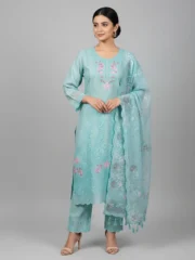 Eid Special/Serene Sky Blue Embroidered Cotton 3-Piece
